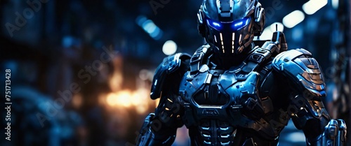 The 3D A cyborg soldier is formed by blue Light. In the background in black color. Stylish in the style of light painting, fighting in a warzone movie story seen trail cam footage, rear view, wide