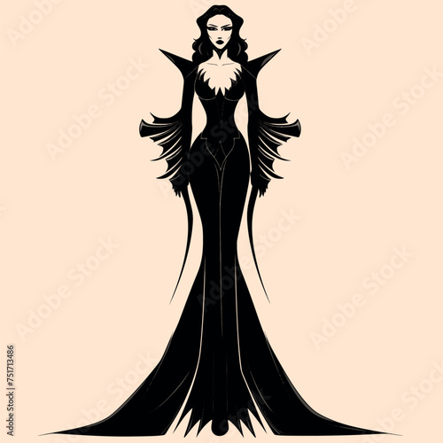 Black and White Vampire woman Character Outline Silhouette Ornament Vector Art for Logo and Icon, Sketch, Tattoo, Clip Art