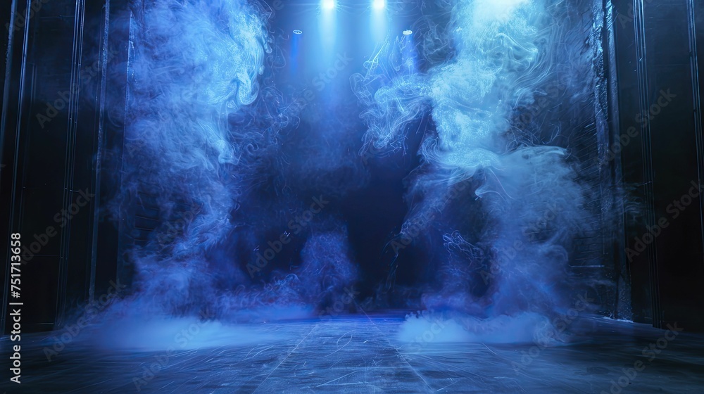 Obraz premium Shadowy dark stage with blue neon glow, smoke rising, setting a mysterious scene.