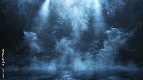 A mysterious display of swirling smoke, spotlight beams, and shadowy dark blue scenes creates an enigmatic ambiance.