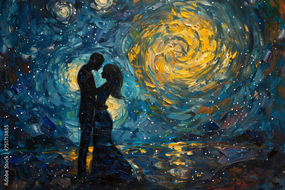 A painting of a starry night with a silhouette of a couple embracing