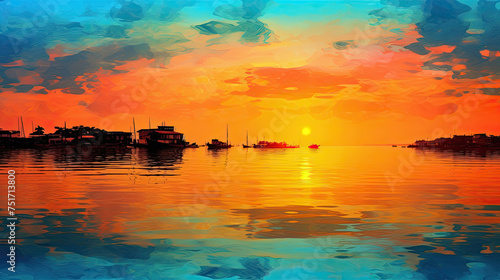 Beautiful painting style illustration of stunning sea sunset with fiery sky and mountains backgroumd photo