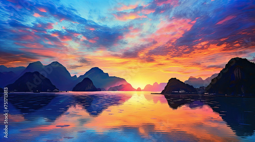 Beautiful painting style illustration of stunning sea sunset with fiery sky and mountains backgroumd photo