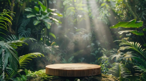 wooden podium placed within a vibrant tropical forest, designed