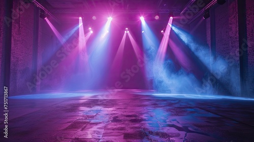 Spotlight on asphalt floor, dark stage with blue and purple neon and lasers for dynamic displays. photo