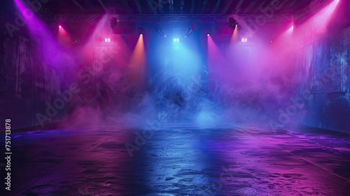 The dark stage with blue and purple neon, lasers on asphalt floor illuminates dynamic displays beautifully.