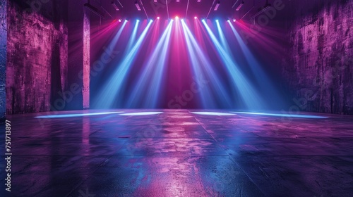 Spotlight shines on asphalt floor of dark stage with blue and purple neon lights and lasers for dynamic displays.