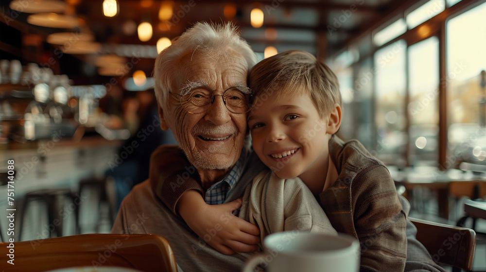 Grandfather and grandson in cafe. Grandfather and grandson in cafe.