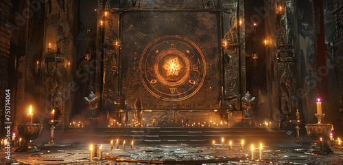 Ceremonial altar featuring ancient symbols intertwined with a prominent data matrix.