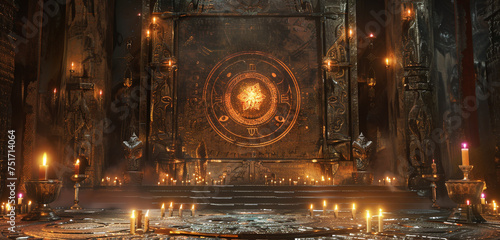 Ceremonial altar featuring ancient symbols intertwined with a prominent data matrix. © herry