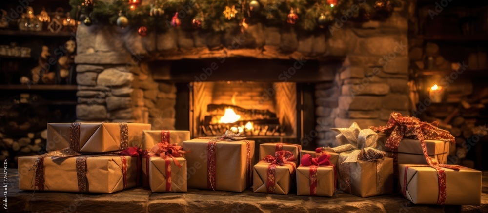 A set of wrapped gifts nestled in front of the campfire