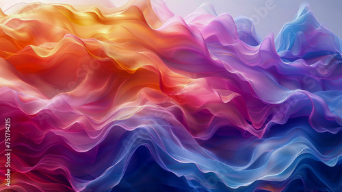 Abstract artwork inspired by 3D waves, with smoothly blending rainbow colors, harmonious symphony of shades, fluid and organic shapes, fabulous atmosphere, digital illustration, modern, mesmerizing.