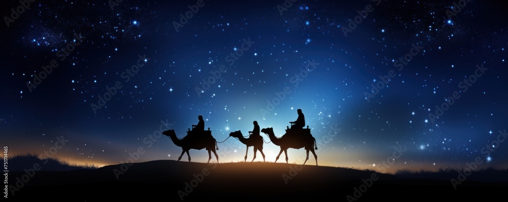 silhouette men riding a camel along the star path