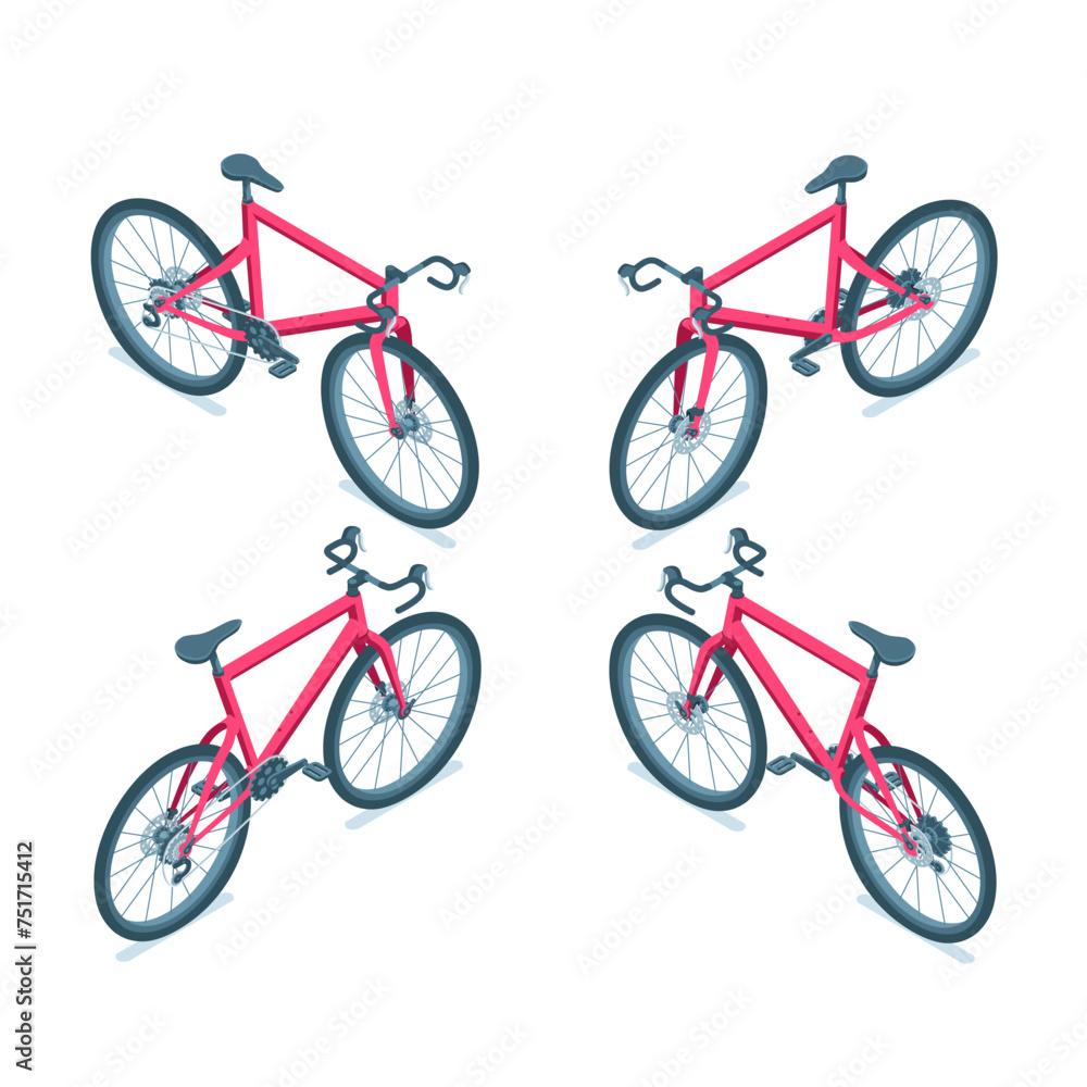 Fototapeta premium isometric bicycle from different angles, in color on a white background, ecological vehicle or grevel