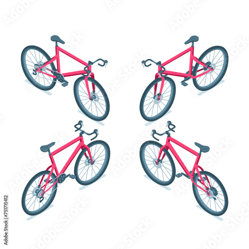 isometric bicycle from different angles, in color on a white background, ecological vehicle or grevel