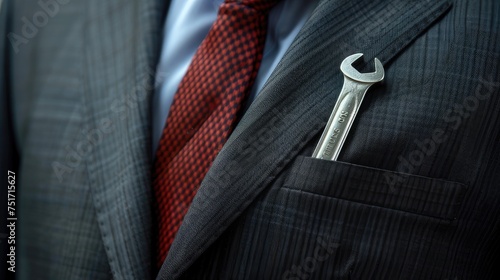 Suited for success: Businessman with a wrench discreetly tucked in his suit pocket, symbolizing corporate readiness and problem-solving skills.