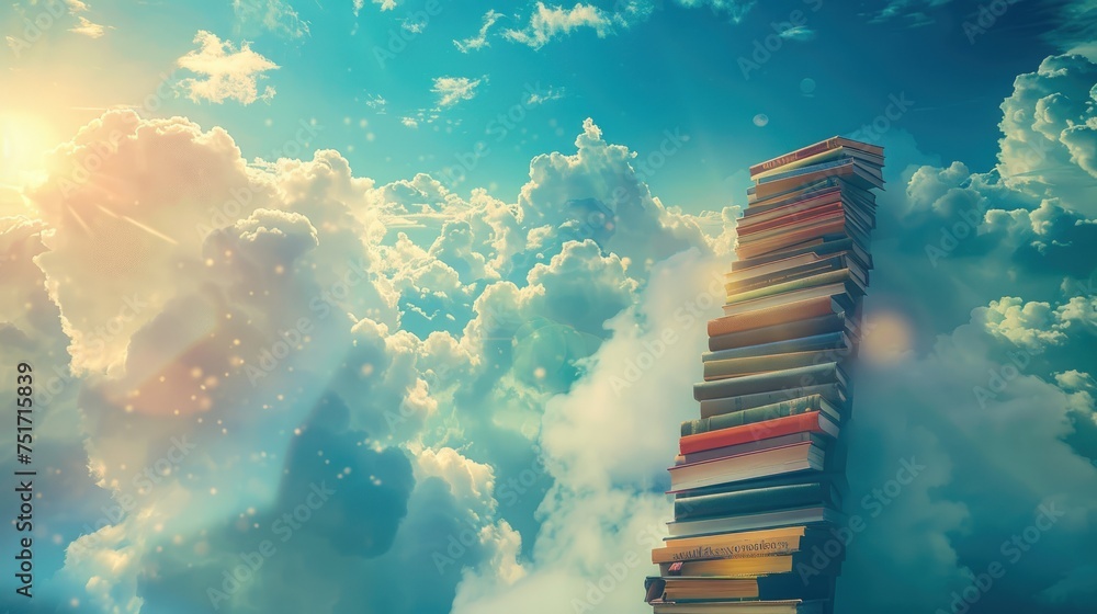 Portrait of stack of books with stairs leading to blue sky and clouds background. generative AI - obrazy, fototapety, plakaty 