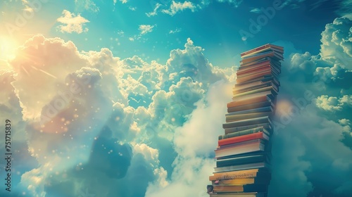 Portrait of stack of books with stairs leading to blue sky and clouds background. generative AI