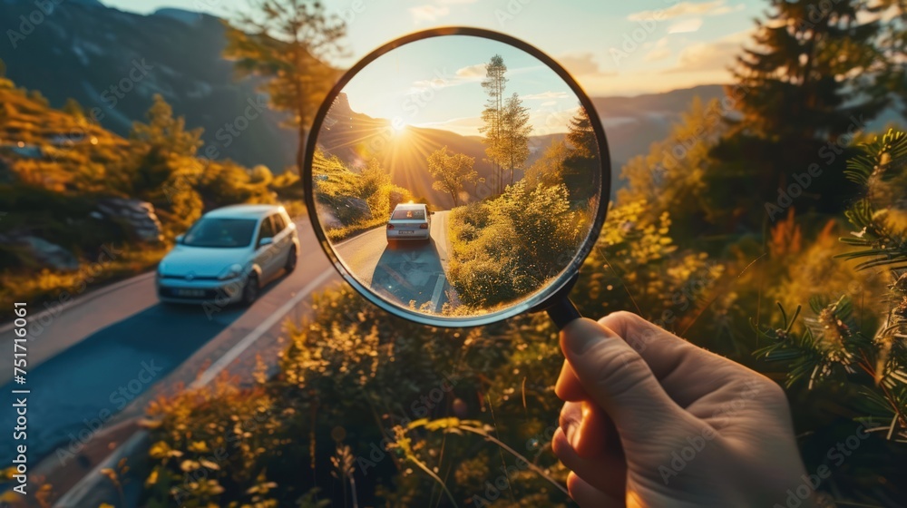 Concept hand holding magnifying glass, capturing car and beautiful mountain views through the glass. - obrazy, fototapety, plakaty 
