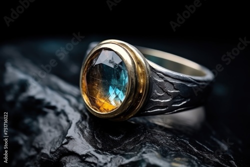 Wedding ring with blue gemstone on a dark background. Perfect for jewelry store advertisements or engagement-related content with Copy Space.