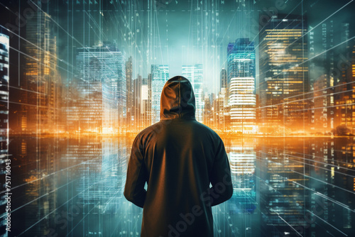 cybersecurity concept. Futuristic double exposure. Unknown man and city overlayed with data. High quality photo