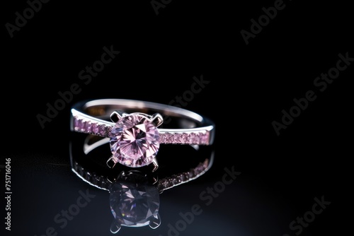 wedding ring with purple gemstone on black background, close up. Perfect for jewelry store advertisements or engagement-related content with Copy Space.