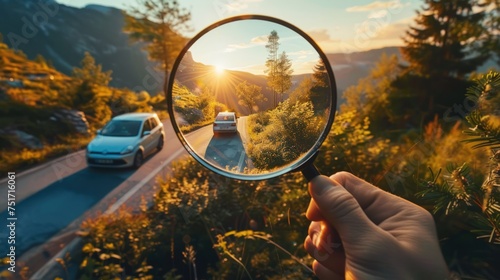 Concept hand holding magnifying glass, capturing car and beautiful mountain views through the glass. photo