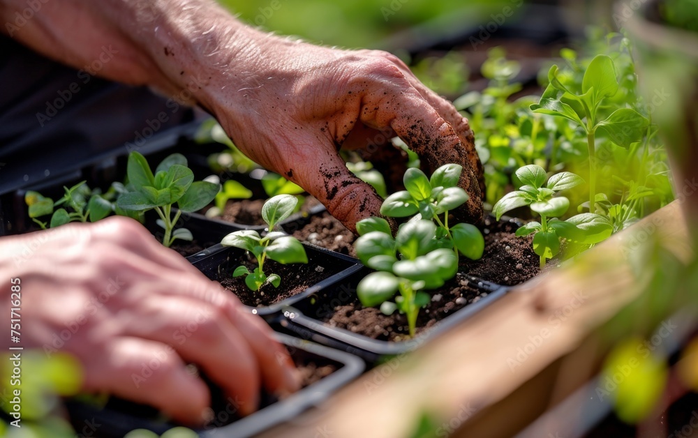 Close-up of a man's hands planting seedlings in a greenhouse