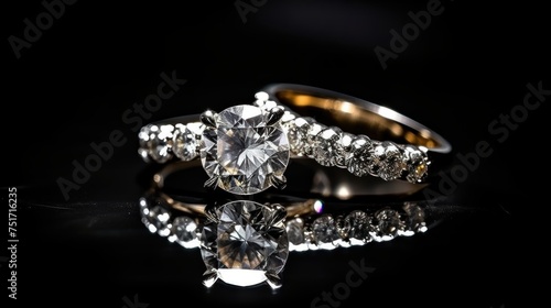 Wedding rings with diamonds on the table in a jewelry store. Perfect for jewelry store advertisements or engagement-related content with Copy Space.