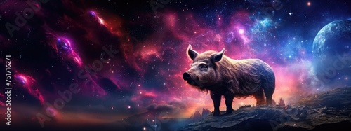 Pig against cosmic background with space, stars, nebulae, vibrant colors, flames; digital art in fantasy style, featuring astronomy elements, celestial themes, interstellar ambiance photo