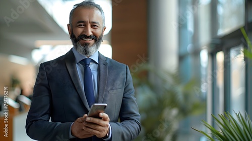 business person in formal suit smiling looking at mobile in his hands confident and vision in modern interir office background photo
