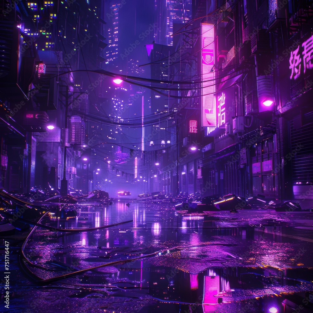Fototapeta premium Neon Cyberpunk City, Urban Future Metaverse, Night Purple Street Texture Background, Copy Space
