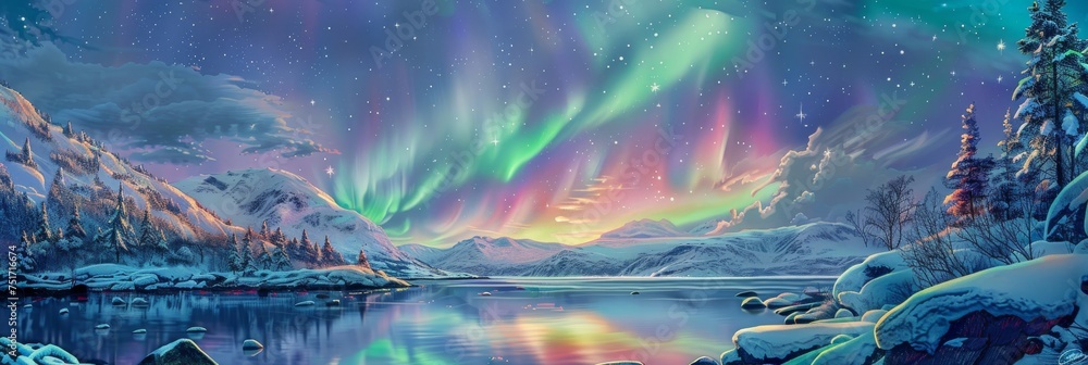 Northern Lights, Norway Winter Aurora Borealis Painting, Polar Lights, Copy Space - obrazy, fototapety, plakaty 