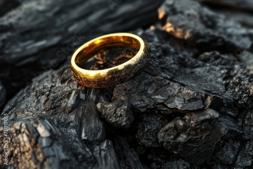 Gold ring on a black tree bark. Wedding rings on a tree bark. Perfect for jewelry store advertisements or engagement-related content with Copy Space.