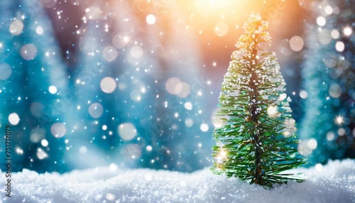 snow bokeh pine tree forest glitter shiny light christmas tree with a bright shining snow flake background © Jayla