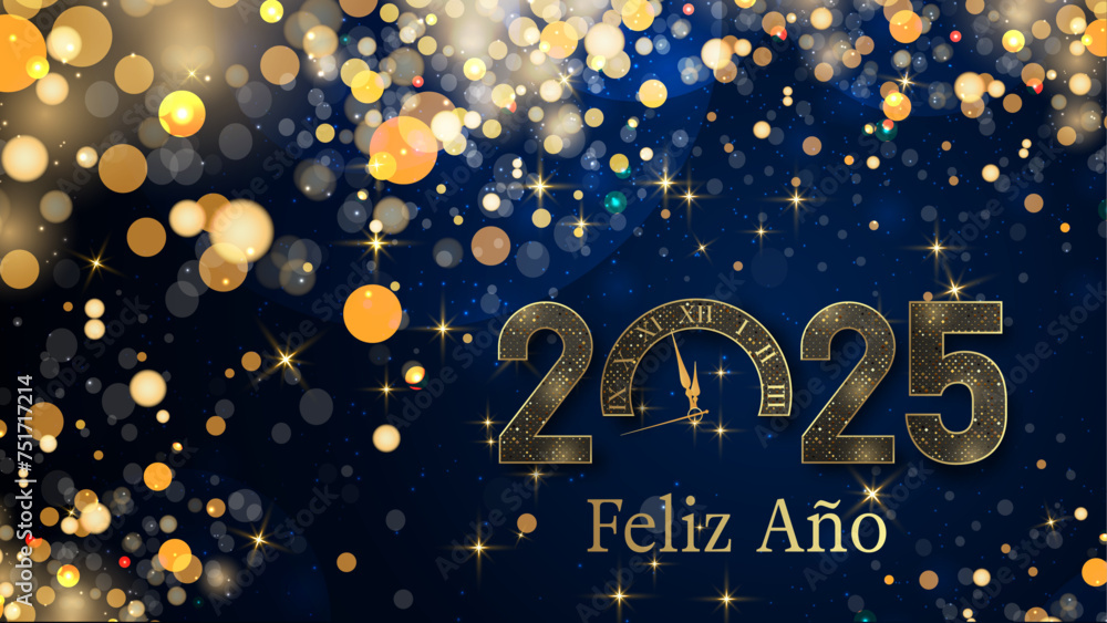 tarjeta o pancarta para desear un feliz año nuevo 2025 en oro el 0 es un reloj sobre un fondo degradado azul oscuro con estrellas y círculos de color dorado en efecto bokeh - obrazy, fototapety, plakaty 