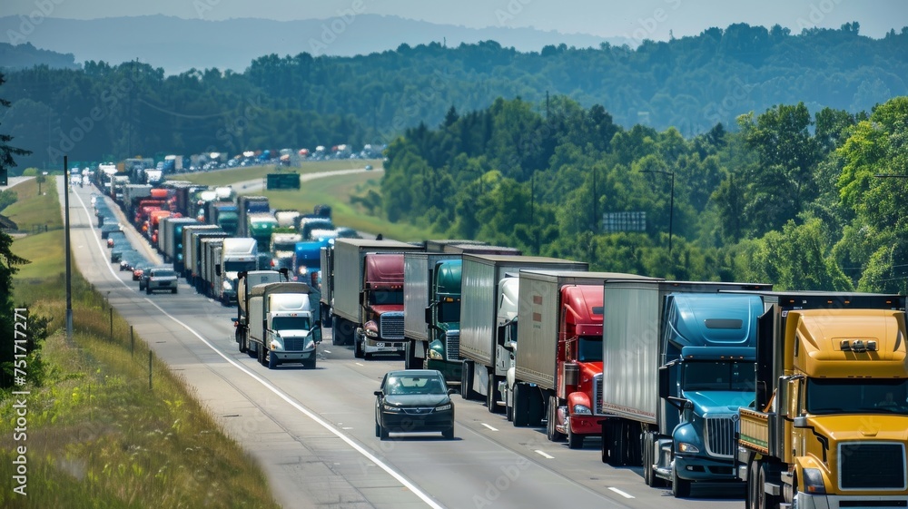semi trucks lined up on freeway. semi trucks lined up on freeway.