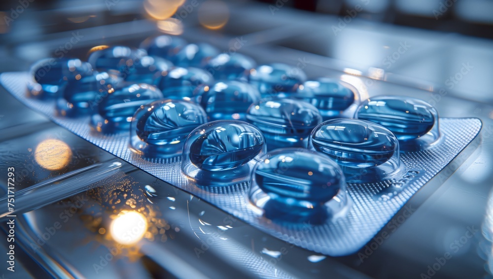 A closeup of a blister pack of electric blue pills resting on a glass table in a city event. The sleek metal packaging contrasts with the vibrant color