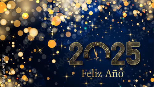 tarjeta o pancarta para desear un feliz año nuevo 2025 en oro el 0 es un reloj sobre un fondo degradado azul oscuro con estrellas y círculos de color dorado en efecto bokeh