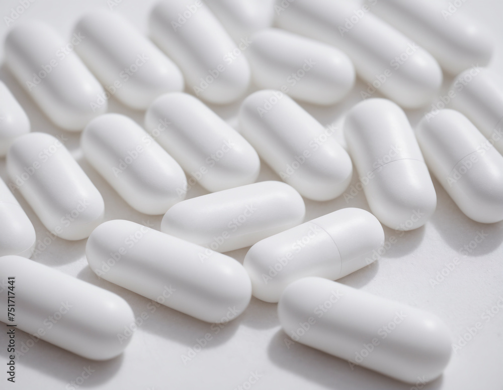 white pills on white background.