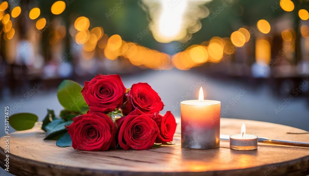 romantic table setting features red roses and a lit candle on a wooden round table against a blurred street scene backdrop under warm intimate lighting
