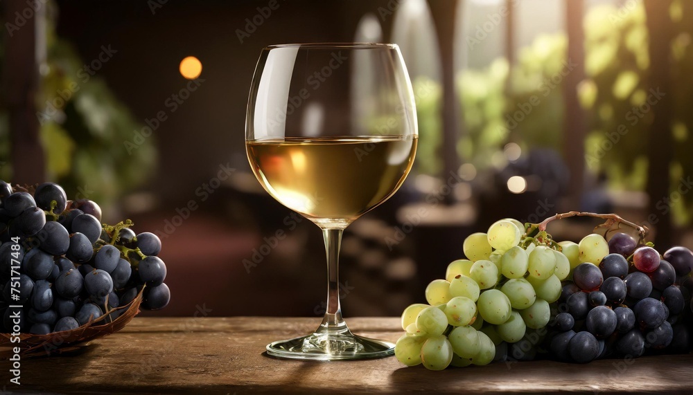 white wine glass decorated with grapes standing on a table in the winery