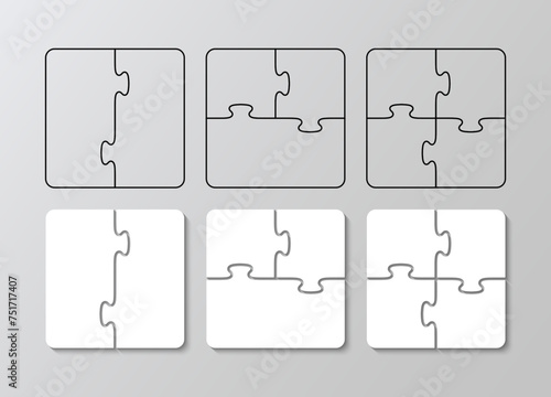 Jigsaw square grids set. Puzzle pieces filled and outline. Scheme for thinking game. Simple mosaic background with separate details. Cutting template. Vector illustration.