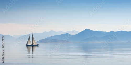 A lone sailboat gliding peacefully over the calm ocean waters with a backdrop of distant mountains and a clear sky