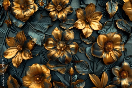 Ornate Gold Flowers Texture Pattern  Color Metallic Carved Floral Ornament 3d Imitation  Copy Space