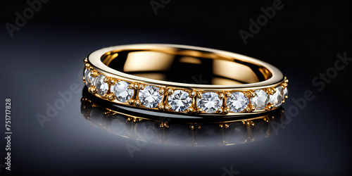 Macro or closeup view of a ring with diamonds against a matte black backdrop.