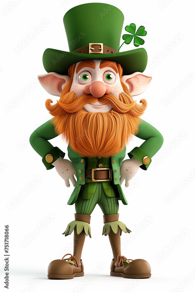 Fototapeta premium A mischievous leprechaun, sporting a shamrock on his hat, stands out against a clean white background