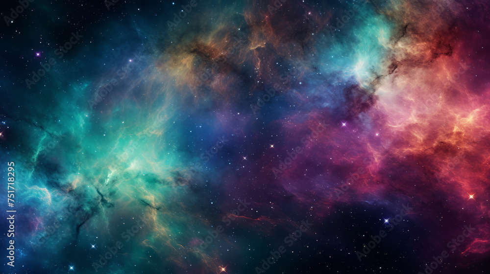 An array of colors invigorates this space scene, where a multicolored nebula pulses against the cosmic backdrop