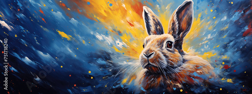 Rabbit with cosmic background with space, stars, nebulae, vibrant colors, flames  digital art in fantasy style, featuring astronomy elements, celestial themes, interstellar ambiance