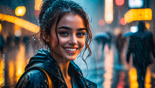 A woman smiling with rain drops on her face